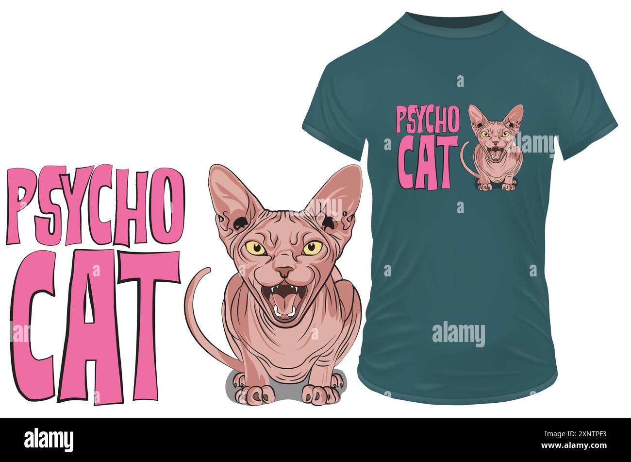 Chat sphynx en colère dans le style de bande dessinée avec une citation drôle double sens psychocat. Illustration vectorielle pour tshirt, clip art et impression à la demande merch Illustration de Vecteur