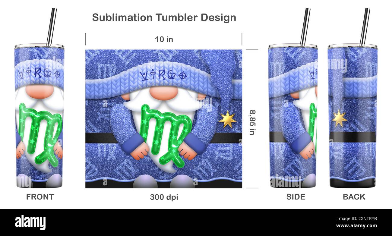Gnome zodiaque VIERGE avec signe du zodiaque. Modèle de sublimation sans couture pour gobelet skinny de 20 oz. Illustration de sublimation. Sans couture d'un bord à l'autre. Banque D'Images