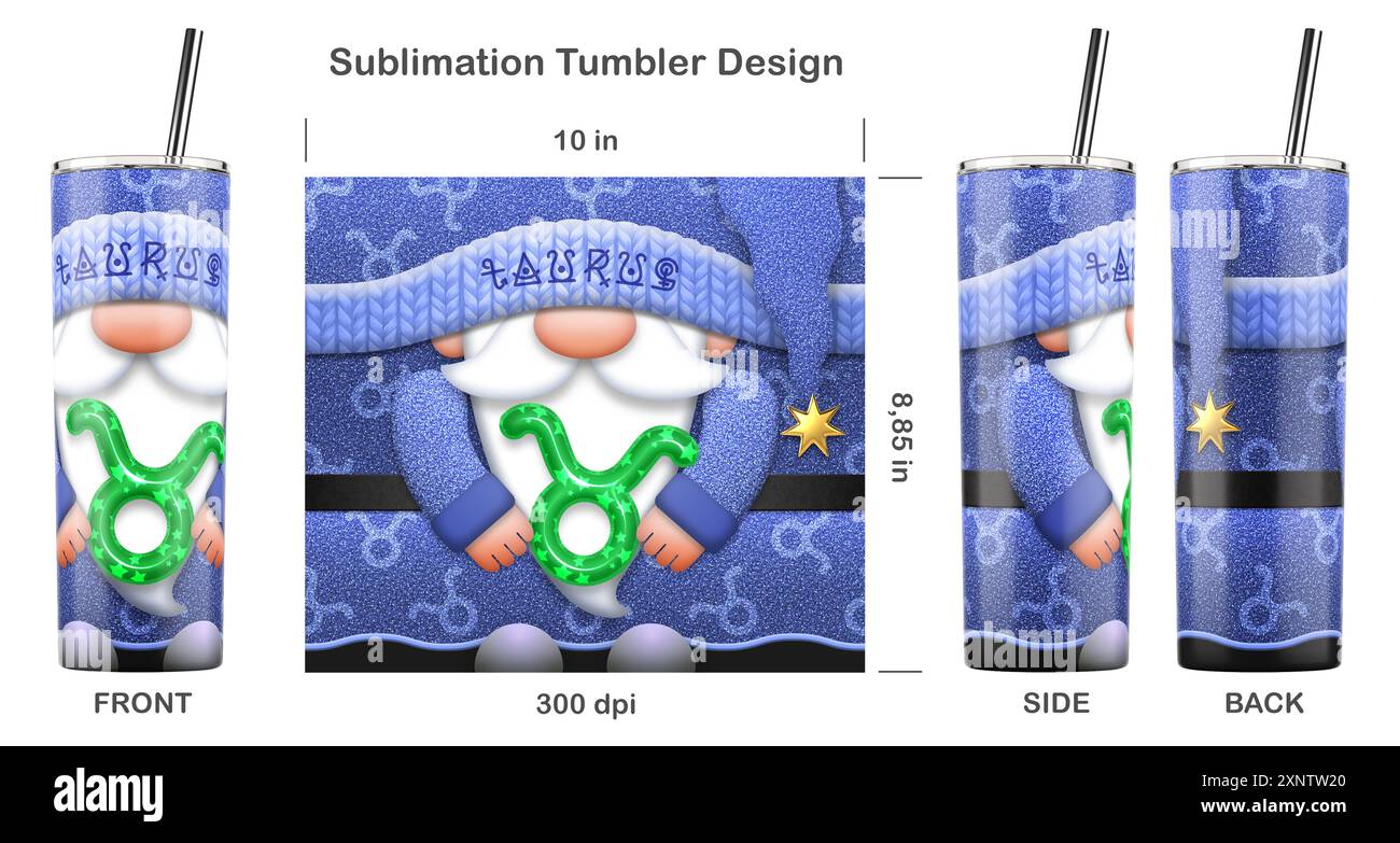 Gnome du TAURUS zodiaque avec signe du zodiaque. Modèle de sublimation sans couture pour gobelet skinny de 20 oz. Illustration de sublimation. Sans couture d'un bord à l'autre. Banque D'Images
