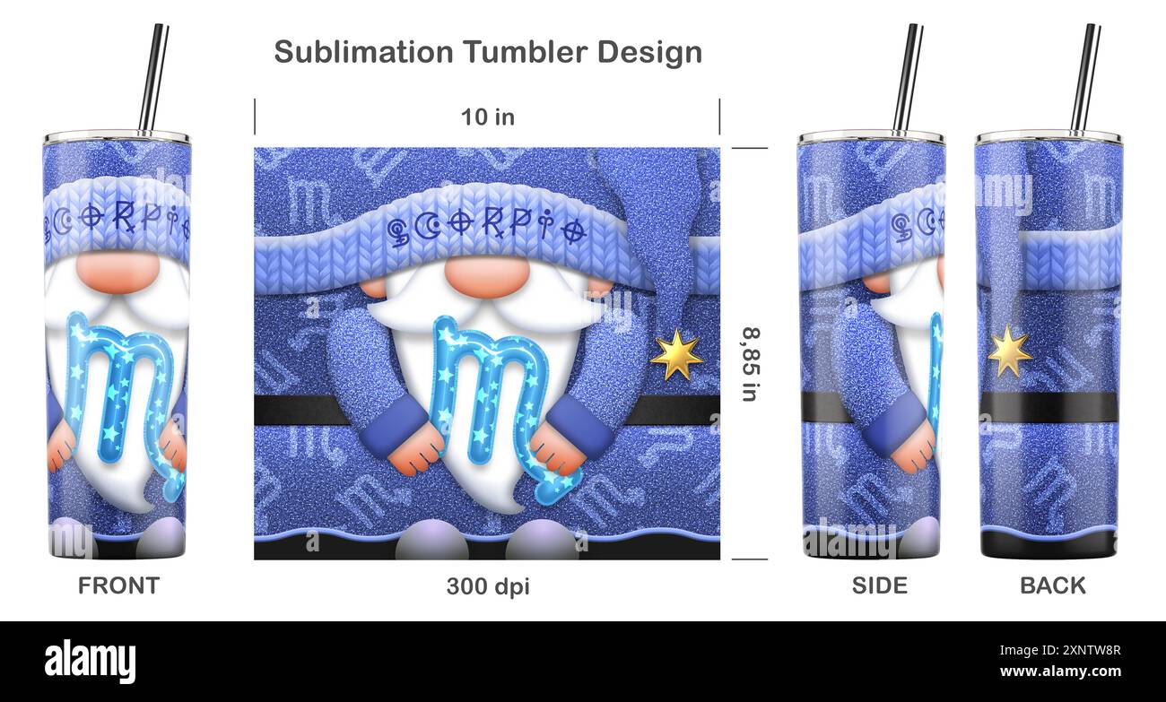Gnome du zodiaque SCORPION avec signe du zodiaque. Modèle de sublimation sans couture pour gobelet skinny de 20 oz. Illustration de sublimation. Sans couture d'un bord à l'autre. Banque D'Images