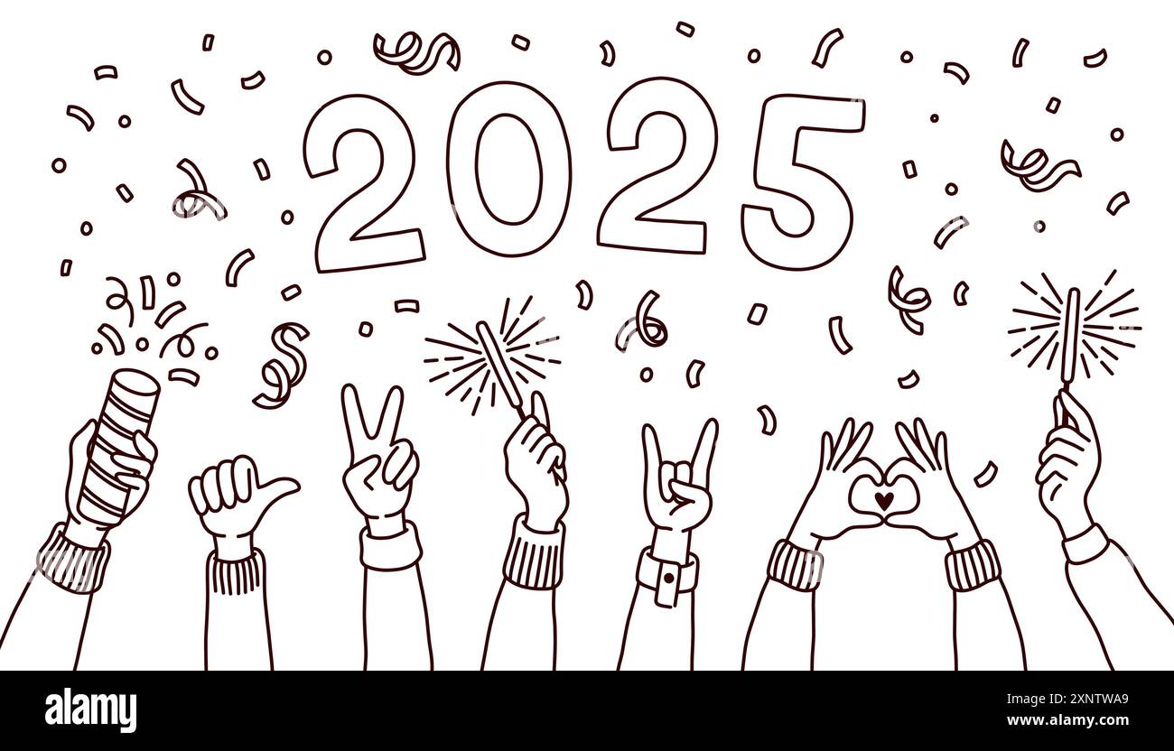 Doodle style 2025 nouvel an et bannière de Noël avec des mains. Bonne année Joyeux Noël dessiné à la main Doodle Elements Illustration de Vecteur