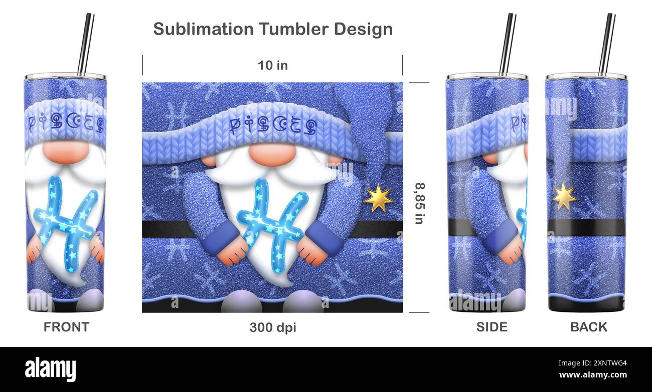 Gnome zodiaque POISSONS avec signe du zodiaque. Modèle de sublimation sans couture pour gobelet skinny de 20 oz. Illustration de sublimation. Sans couture d'un bord à l'autre. Banque D'Images