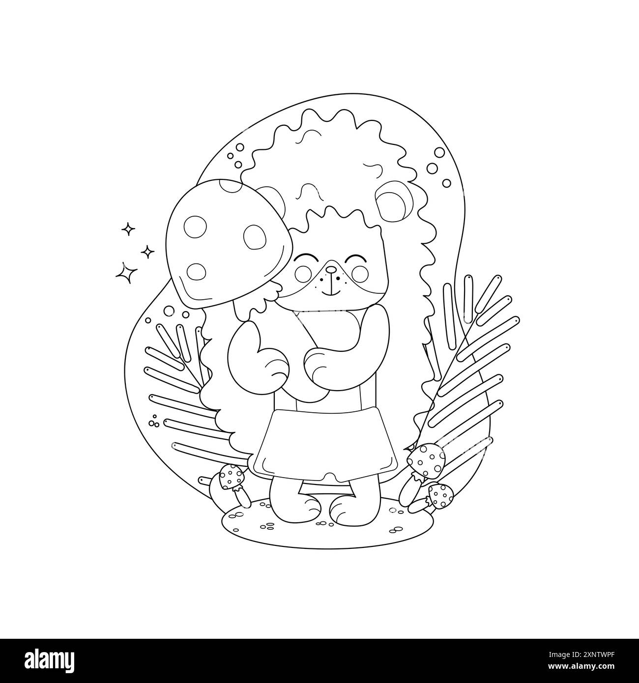 Coloriage de dessins pour enfants. Joli hérisson de dessin animé tenant un champignon géant entouré d'éléments forestiers. Illustration de Vecteur