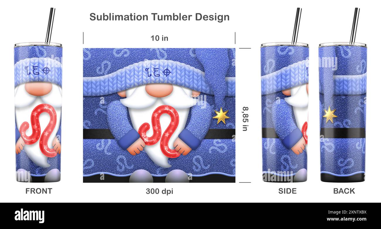 Gnome du zodiaque LÉO avec signe du zodiaque. Modèle de sublimation sans couture pour gobelet skinny de 20 oz. Illustration de sublimation. Sans couture d'un bord à l'autre. Banque D'Images