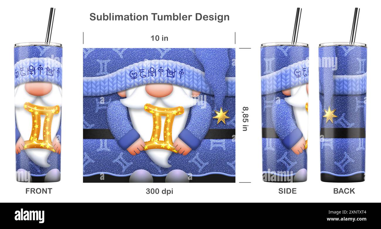 Gnome zodiaque GÉMEAUX avec signe du zodiaque. Modèle de sublimation sans couture pour gobelet skinny de 20 oz. Illustration de sublimation. Sans couture d'un bord à l'autre. Banque D'Images