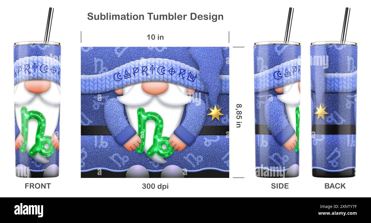Gnome zodiaque CAPRICORNE avec signe du zodiaque. Modèle de sublimation sans couture pour gobelet skinny de 20 oz. Illustration de sublimation. Sans couture d'un bord à l'autre. Banque D'Images