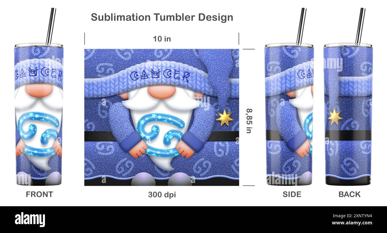 Gnome zodiaque CANCÉREUX avec signe du zodiaque. Modèle de sublimation sans couture pour gobelet skinny de 20 oz. Illustration de sublimation. Sans couture d'un bord à l'autre. Banque D'Images