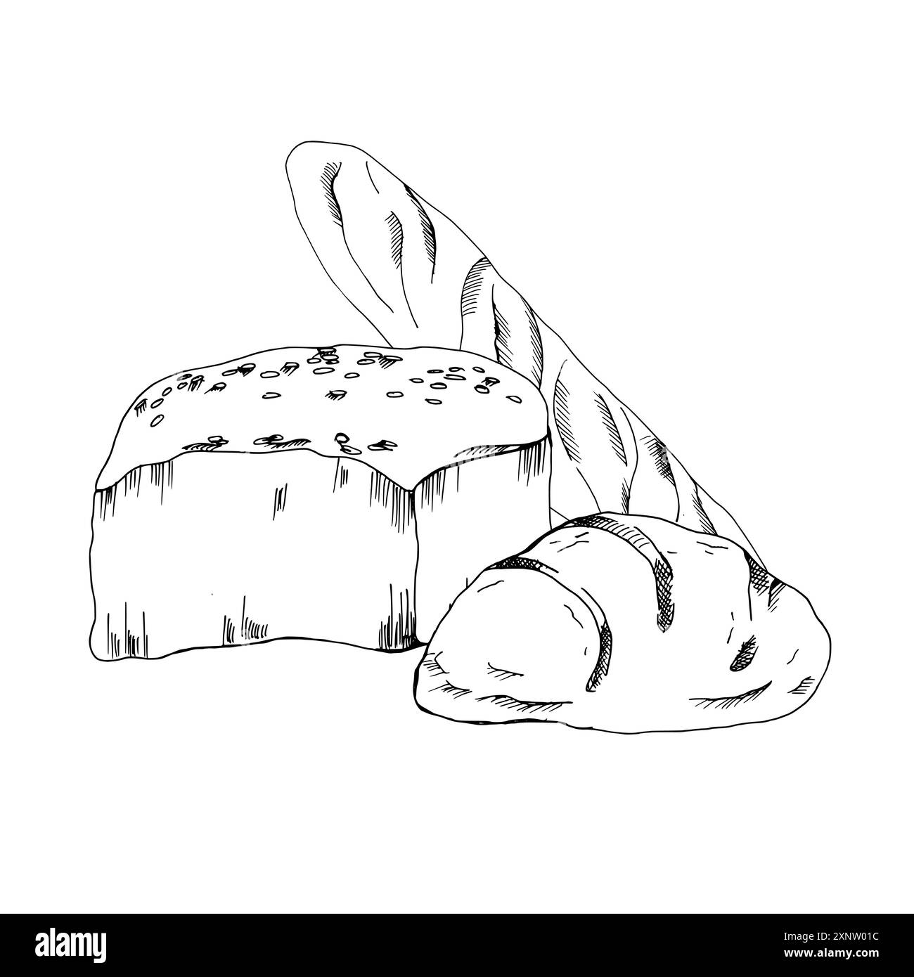Pain de pain, baguette française et graphiques vectoriels d'encre de pain de céréales. Composition alimentaire biologique à l'aube à la main avec des pains de petit déjeuner frais pour le café, restaura Illustration de Vecteur