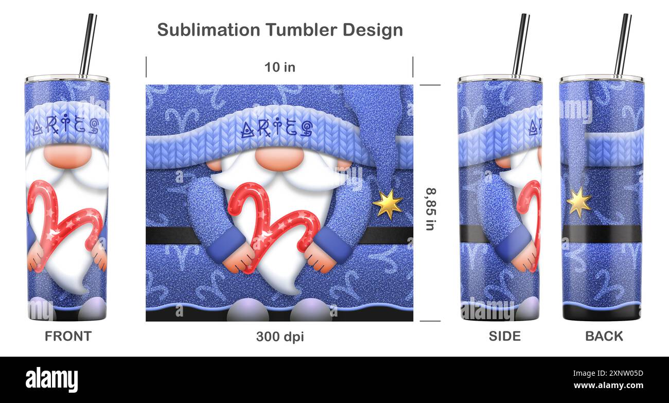 Gnome zodiaque BÉLIER avec signe du zodiaque. Modèle de sublimation sans couture pour gobelet skinny de 20 oz. Illustration de sublimation. Sans couture d'un bord à l'autre. Banque D'Images