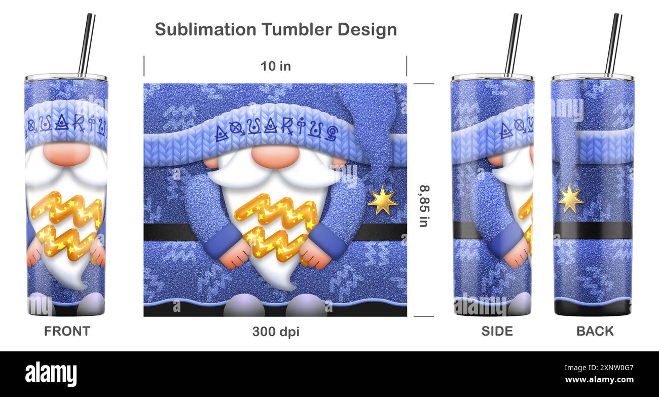 Gnome du zodiaque AQUARIUS avec signe du zodiaque. Modèle de sublimation sans couture pour gobelet skinny de 20 oz. Illustration de sublimation. Sans couture d'un bord à l'autre. Banque D'Images