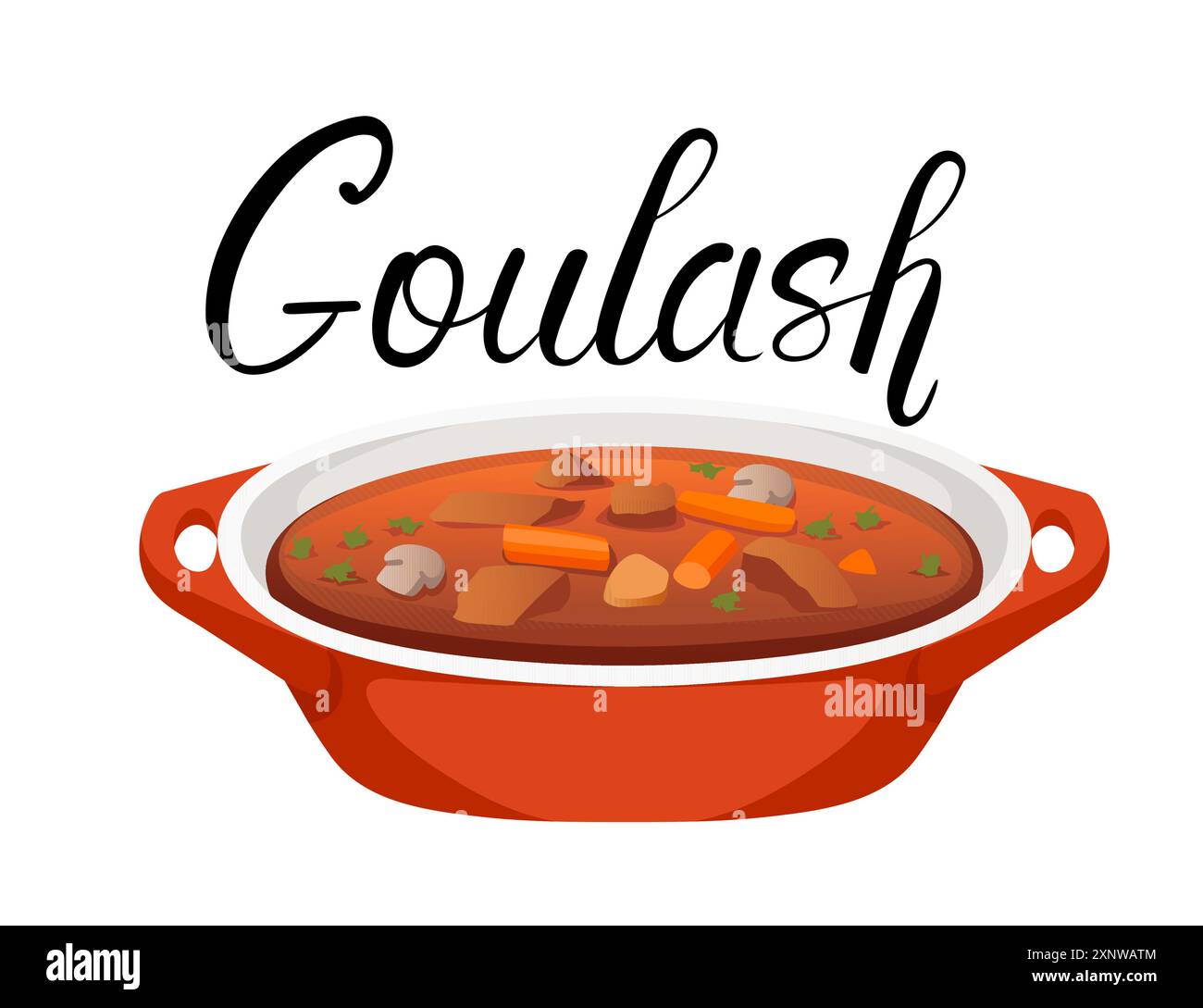 Savoureux dîner soupe de légumes. Bol de goulash délicieux plat avec une étiquette manuscrite élégante idéal pour les livres de recettes traditionnelles et Presentation culinaire Illustration de Vecteur