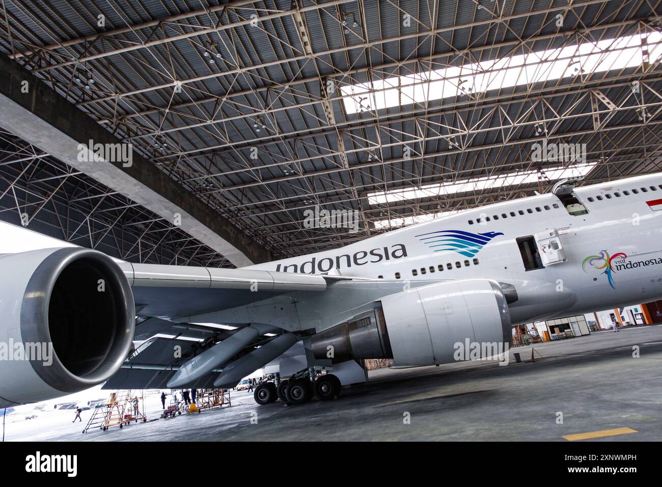 20 avril 2010, Jakarta, Indonésie: Garuda Indonesia Aircraft au GMF AeroAsia Hanggar, aéroport Soekarno Hatta. Banque D'Images