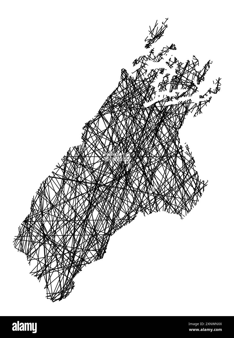 Symbole carte de l'autorité unitaire Marlborough District (Nouvelle-Zélande) montrant l'état avec des lignes noires, croisées comme des bâtons Mikado ou une toile d'araignée Illustration de Vecteur