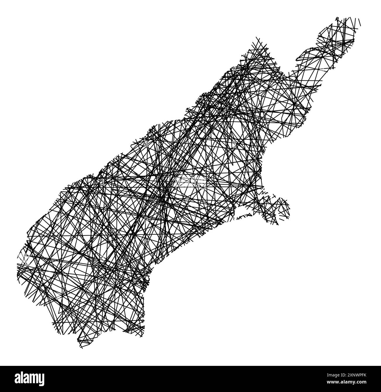 Symbole carte du Conseil régional Canterbury (Nouvelle-Zélande) montrant l'état avec des lignes noires, croisées comme des bâtons de Mikado ou une toile d'araignée Illustration de Vecteur