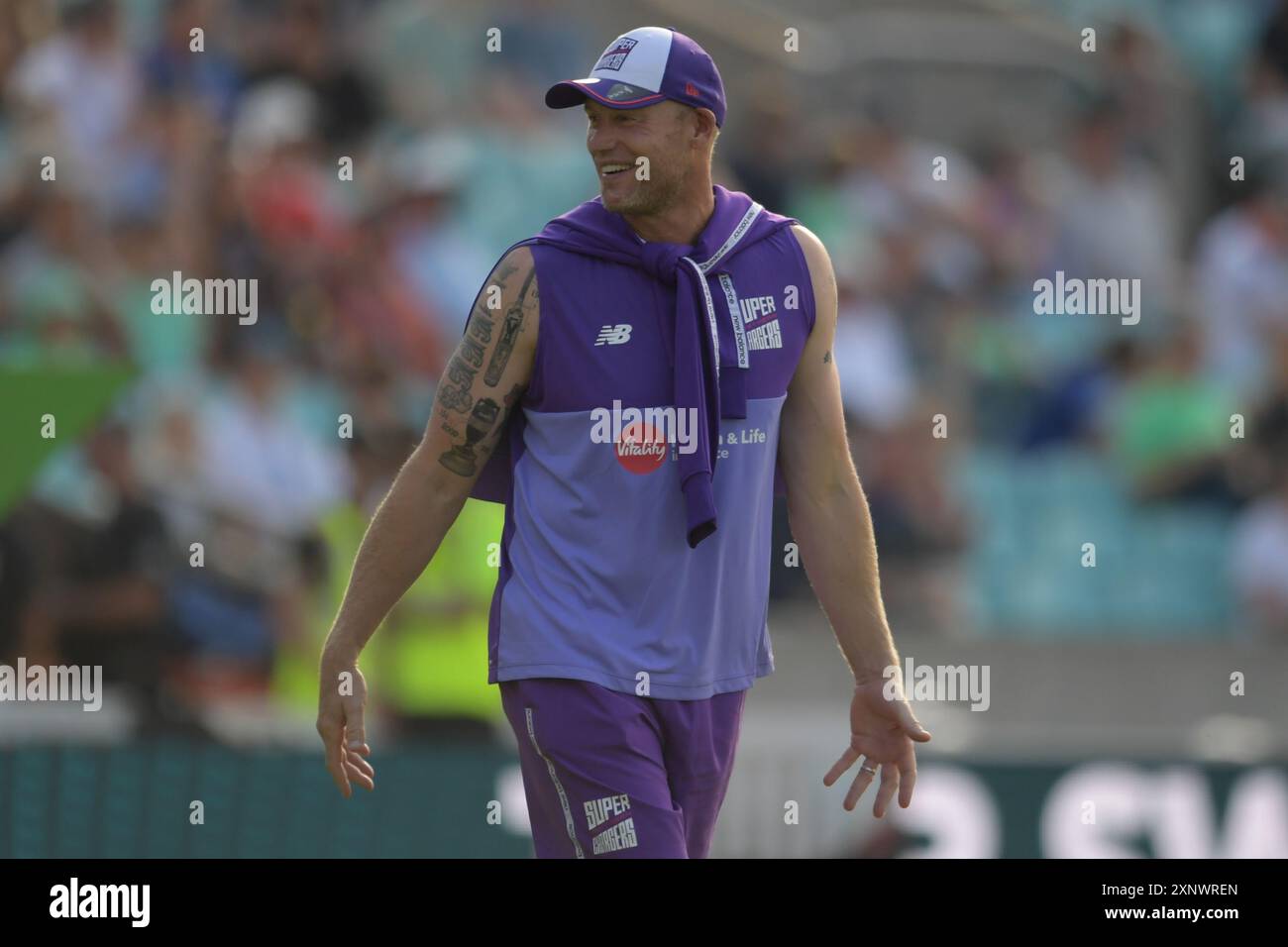 Londres, Angleterre. 2 août 2024. Andrew 'Freddie' Flintoff, entraîneur en chef des Northern Superchargers, avant le match des cent entre les hommes Oval Invincibles et les hommes Northern Superchargers au Kia Oval, Londres. Kyle Andrews/Alamy Live News. Banque D'Images