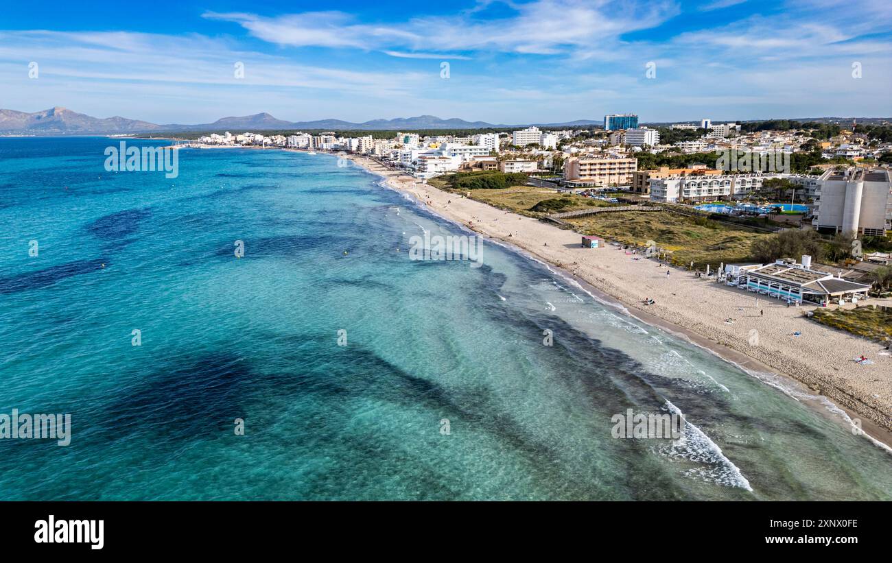 Aérienne de Playa del Muro, nord de Majorque, îles Baléares, Espagne, Méditerranée, Europe Banque D'Images