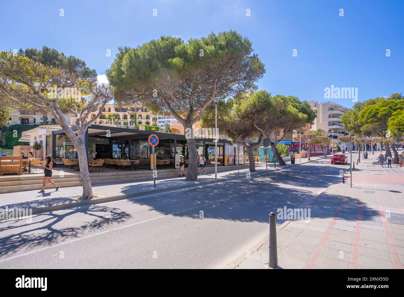 Vue des magasins et des appartements à Santa Ponsa, Majorque, Îles Baléares, Espagne, Méditerranée, Europe Banque D'Images