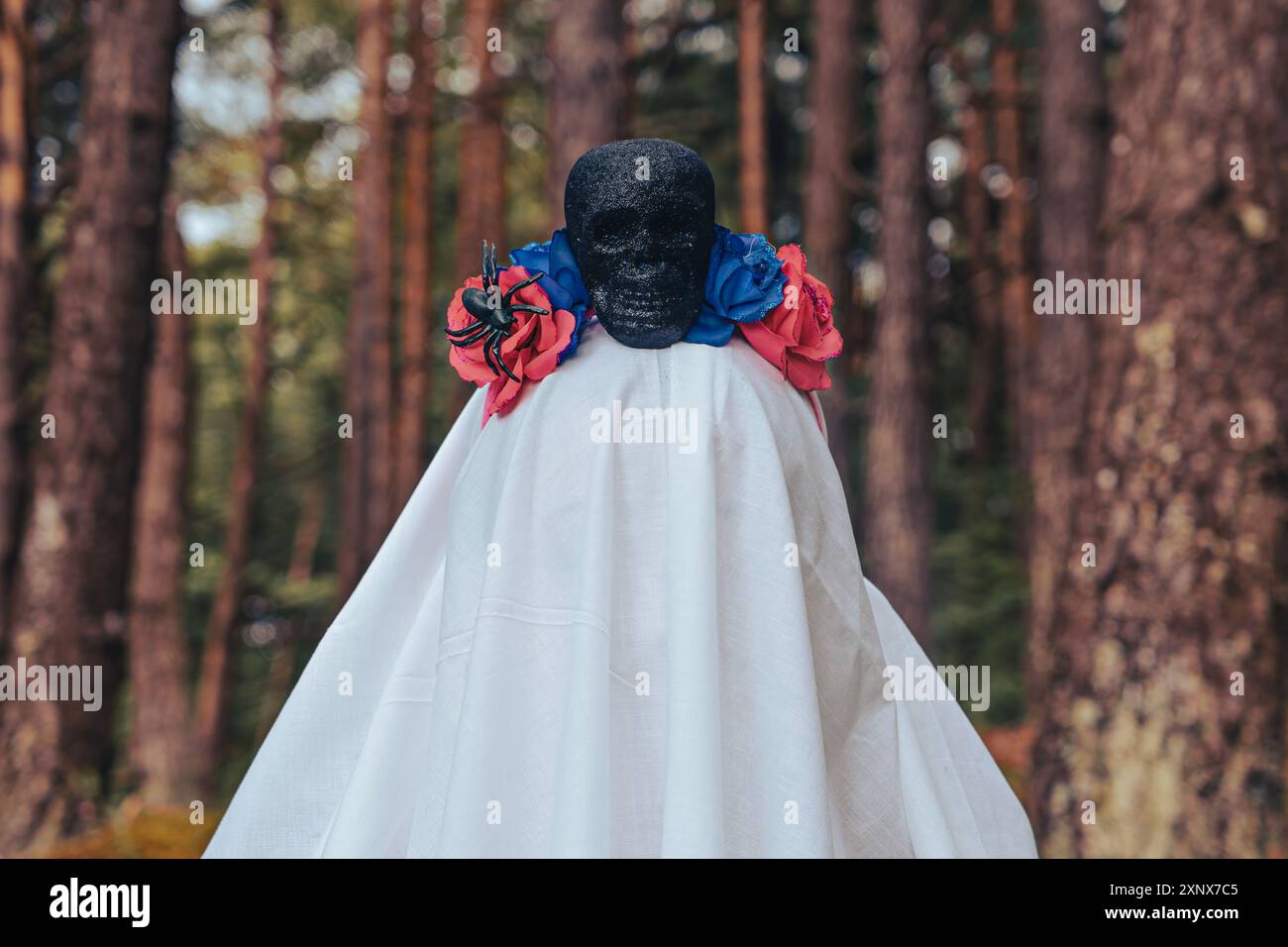 Figurine fantomatique de mariée drapée en blanc avec masque de crâne noir orné de fleurs bleues et rouges se dresse dans la forêt, regardant la caméra Banque D'Images