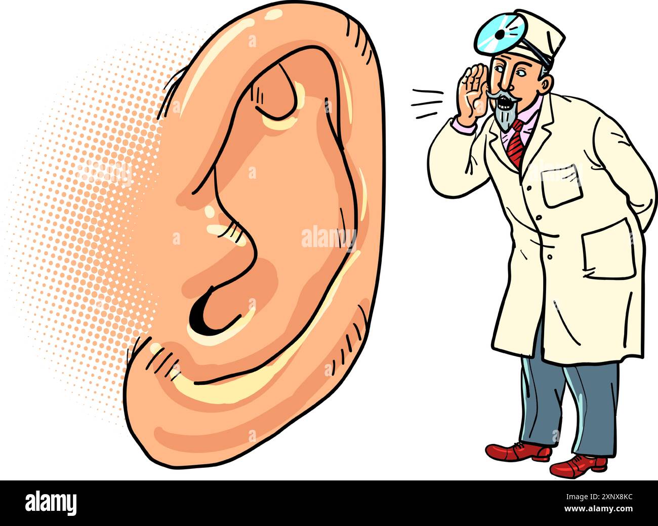 Le médecin parle dans une grande oreille humaine. Publicité des services médicaux aux clients. Les gens ont des problèmes auditifs. Bande dessinée pop art rétro vecteur Illustration de Vecteur