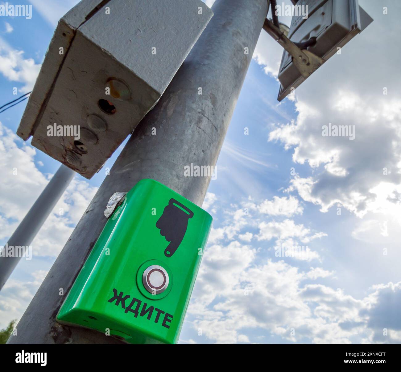 Unité de commande à bouton-poussoir pour un feu de signalisation appelant Banque D'Images