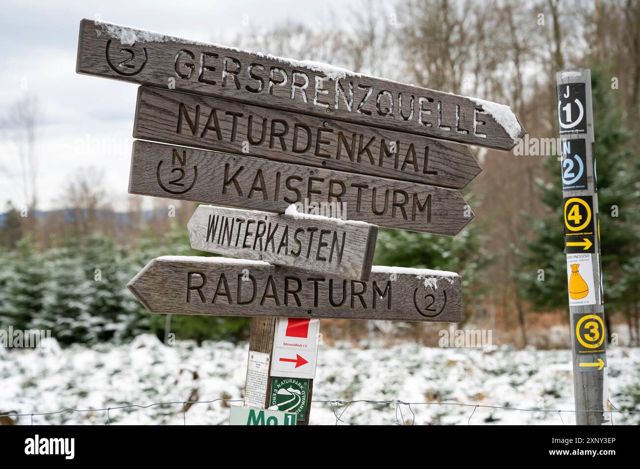 Panneau indicateur en bois Tour radar, boîte d'hiver, Kaiserturm, monument naturel, Gersprenzquelle, Neunkirchner Hoehe Darmstadt, Odenwald, Allemagne in Banque D'Images