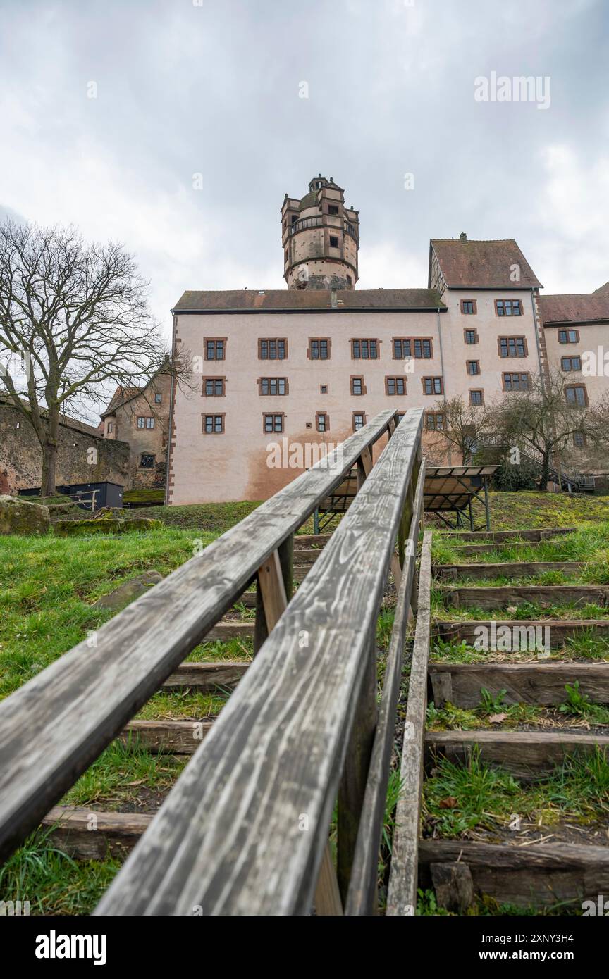 Château de Ronneburg avec escaliers en bois et garde-corps devant pendant la journée nuageux, Allemagne, prise verticale Banque D'Images
