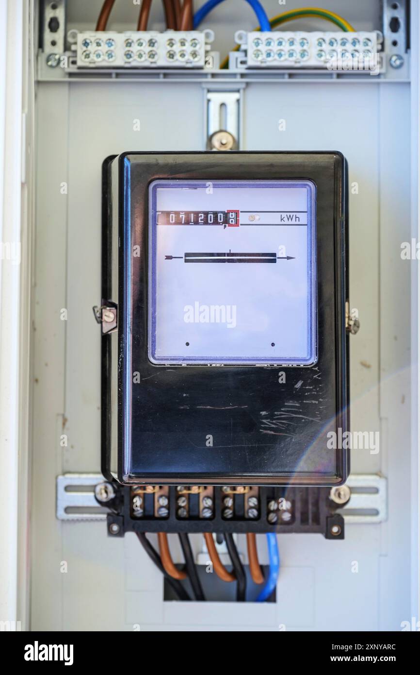 Boîte de compteur d'électricité analogique derrière le verre, mesure la consommation d'un ménage, l'énergie et le concept de puissance, l'espace de copie, l'accent sélectionné, étroit Banque D'Images