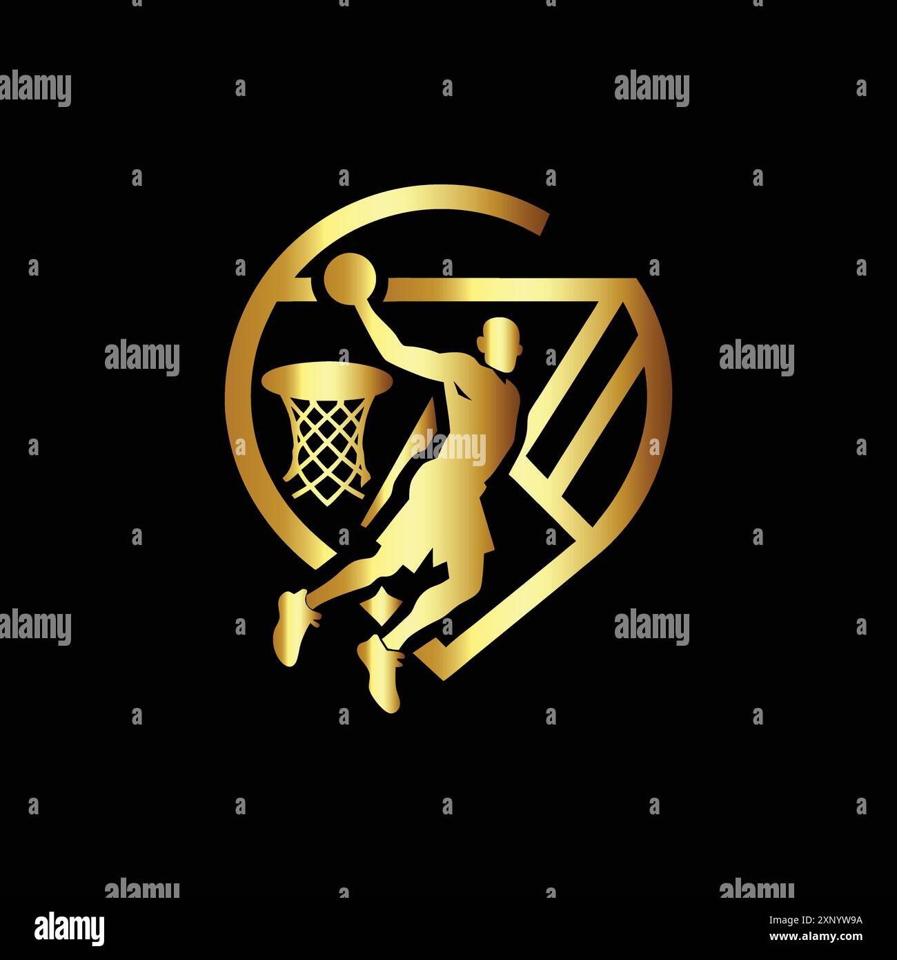 Modèle de logo de sport de basket-ball. Silhouette de joueur de basket-ball dorée avec balle. Illustration de Vecteur