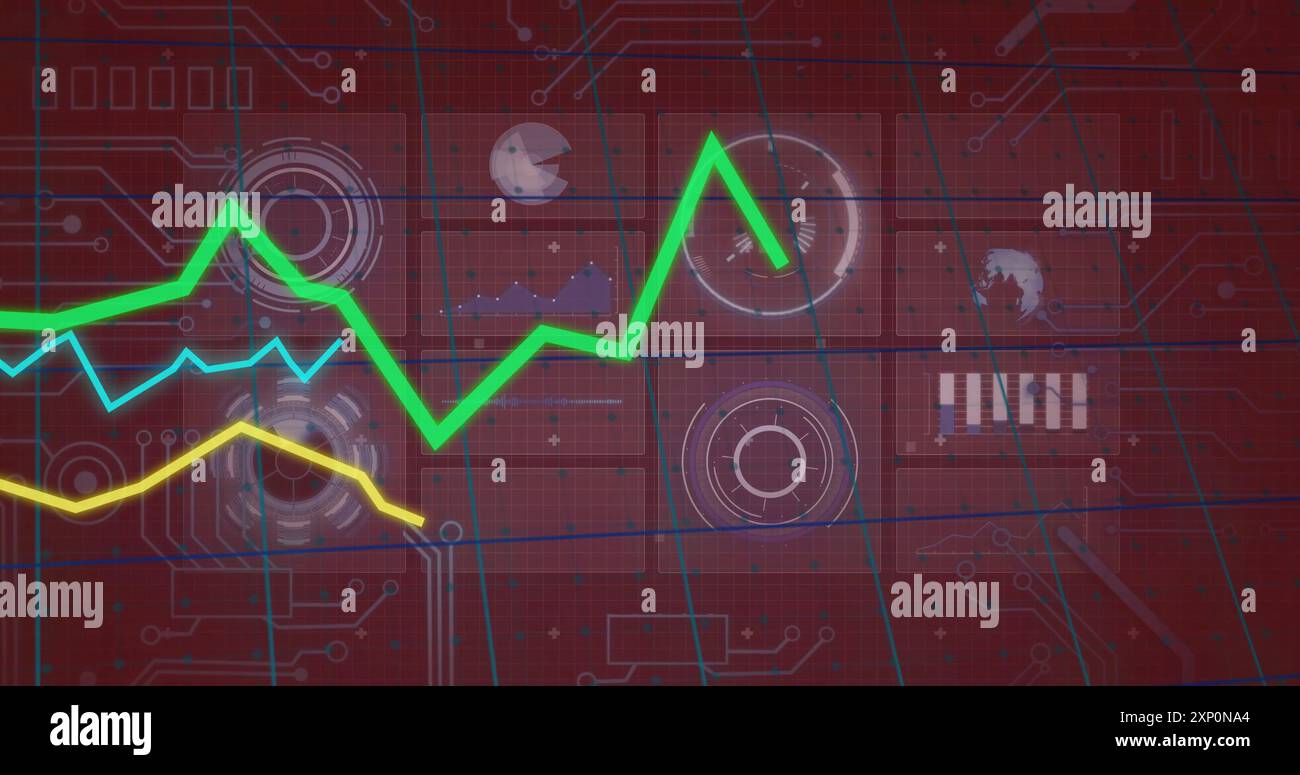 Graphique linéaire vert fluctuant sur l'interface technologique rouge avec diverses icônes Banque D'Images