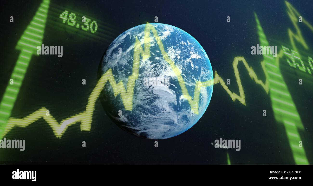 Image du traitement des données numériques et des flèches sur le globe sur fond sombre Banque D'Images