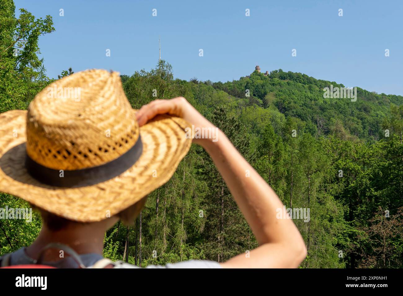 Femme aux cheveux bruns et t-shirt gris tenant son chapeau de paille tout en regardant le château d'Auerbach en haut d'une colline, vue arrière, Bensheim, Allemagne Banque D'Images