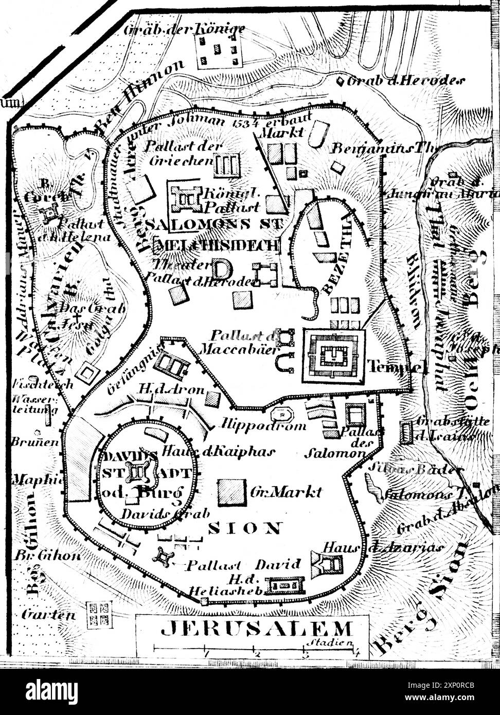 Carte topographique de Jérusalem à l'époque biblique avec échelle et étiquetage, Cité de David, Cité de Salomon, Tombeau des Rois, Palais, Tombeau des Banque D'Images