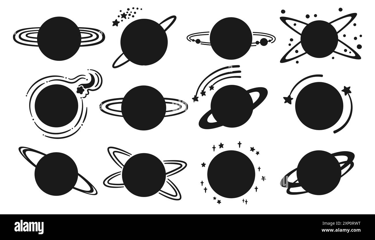 Ensemble de silhouette de dessin animé Planets fantasy. Les galaxies abstraites forment des planètes. Fantastic cosmos, collection Celestial Space contour sphères ombre planètes réduites Illustration isolée de conception de bande dessinée vectorielle Illustration de Vecteur