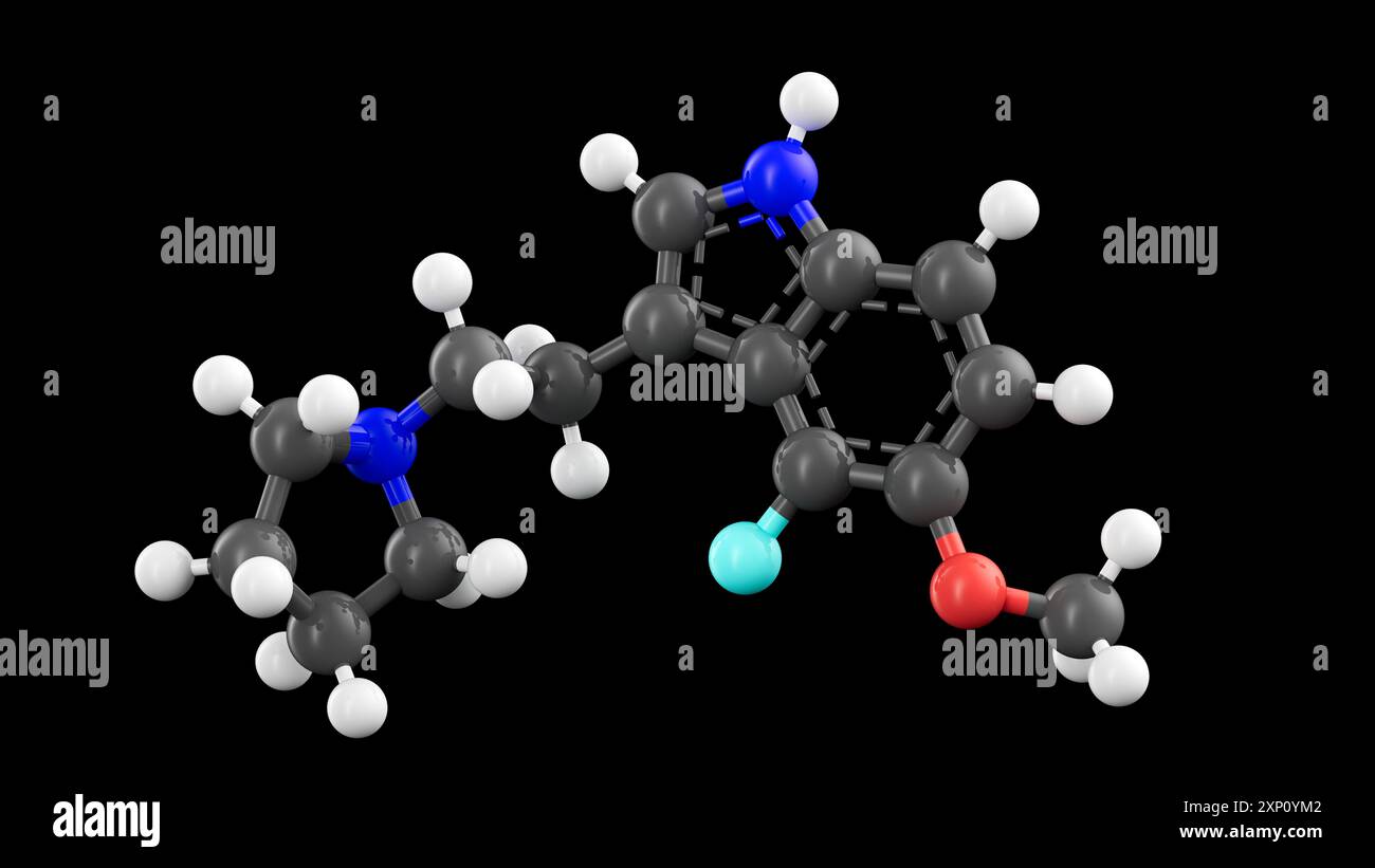 Illustration de la structure du composé synthétique 4-F,5-MeO-PyrT, dérivé du 5-MeO-DMT (5-méthoxy-N,N-diméthyltryptamine), un composé hallucinogène sécrété par le crapaud du Colorado (Incilius alvarius). 4-F,5-MeO-PyrT interagit avec les récepteurs de sérotonine 5-HT1A et a montré des effets anti-anxiété sans induire de voyages hallucinogènes. Banque D'Images