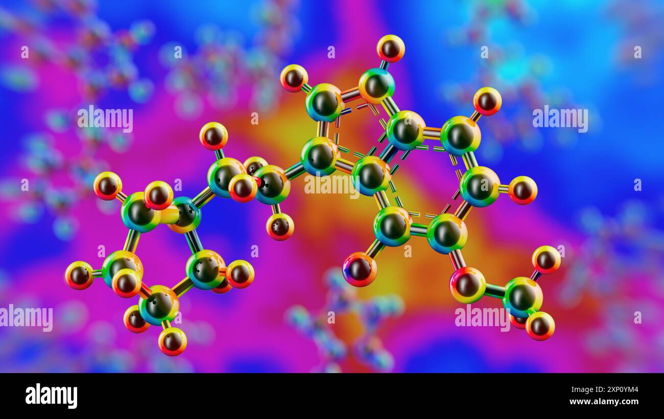 Illustration de la structure du composé synthétique 4-F,5-MeO-PyrT, dérivé du 5-MeO-DMT (5-méthoxy-N,N-diméthyltryptamine), un composé hallucinogène sécrété par le crapaud du Colorado (Incilius alvarius). 4-F,5-MeO-PyrT interagit avec les récepteurs de sérotonine 5-HT1A et a montré des effets anti-anxiété sans induire de voyages hallucinogènes. Banque D'Images