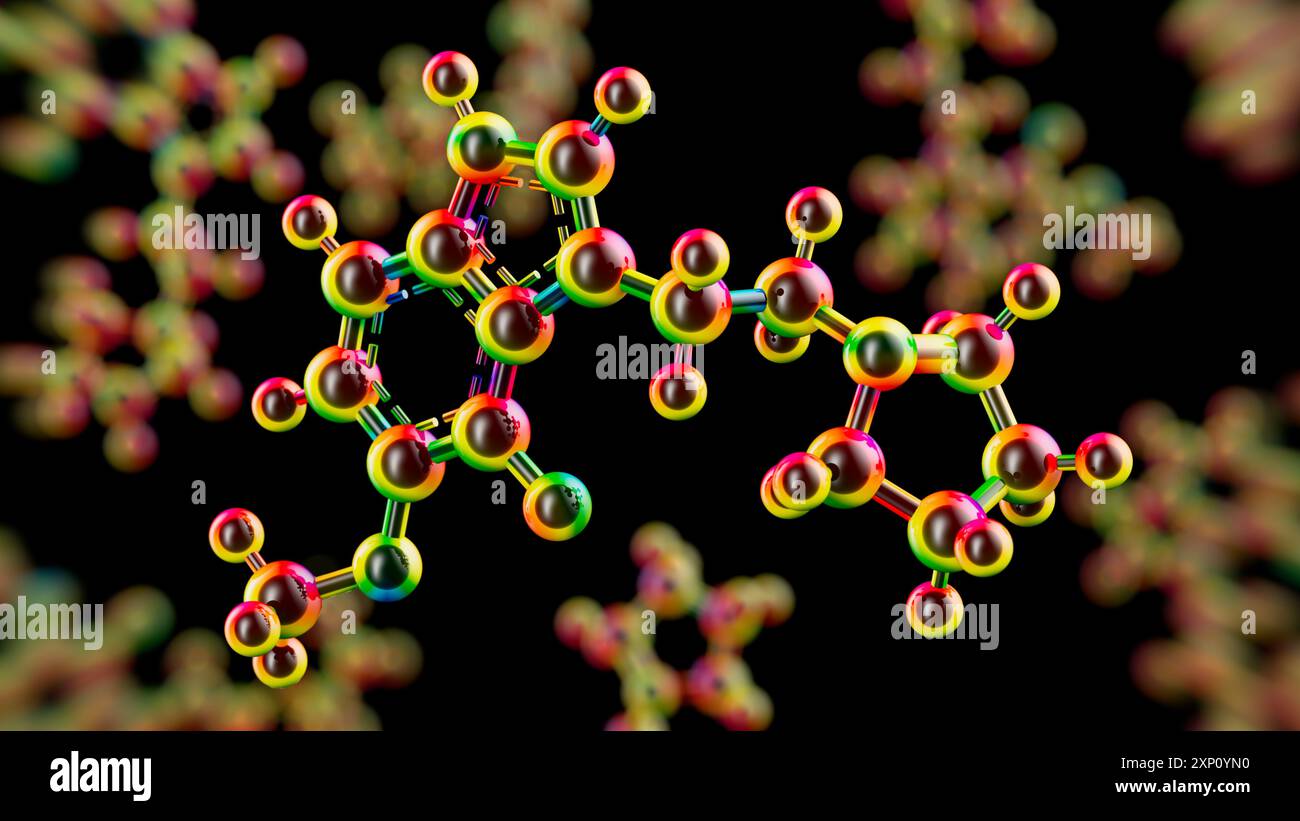 Illustration de la structure du composé synthétique 4-F,5-MeO-PyrT, dérivé du 5-MeO-DMT (5-méthoxy-N,N-diméthyltryptamine), un composé hallucinogène sécrété par le crapaud du Colorado (Incilius alvarius). 4-F,5-MeO-PyrT interagit avec les récepteurs de sérotonine 5-HT1A et a montré des effets anti-anxiété sans induire de voyages hallucinogènes. Banque D'Images