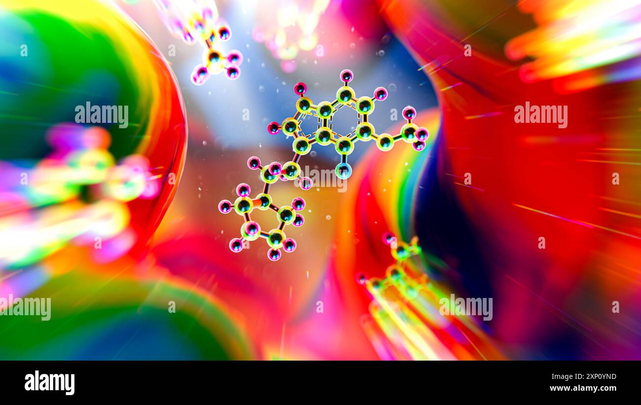 Illustration de la structure du composé synthétique 4-F,5-MeO-PyrT, dérivé du 5-MeO-DMT (5-méthoxy-N,N-diméthyltryptamine), un composé hallucinogène sécrété par le crapaud du Colorado (Incilius alvarius). 4-F,5-MeO-PyrT interagit avec les récepteurs de sérotonine 5-HT1A et a montré des effets anti-anxiété sans induire de voyages hallucinogènes. Banque D'Images