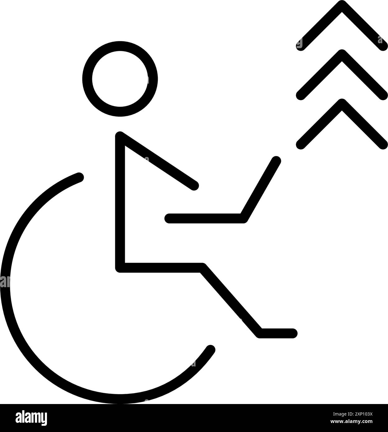 Personne en fauteuil roulant travaillant à l'ordinateur portable et flèche vers le haut. Inclusion et opportunités. Carrière et réussite personnelle et indépendance. Vecteur parfait de pixel Illustration de Vecteur