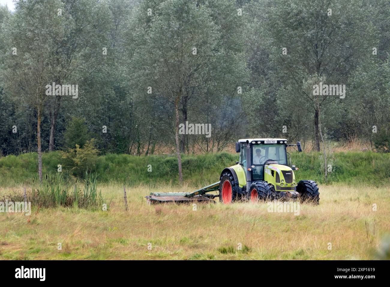 Agriculteur coupant l'herbe dans un pré pour la production de foin dans la Rother Valley East Sussex UK Banque D'Images