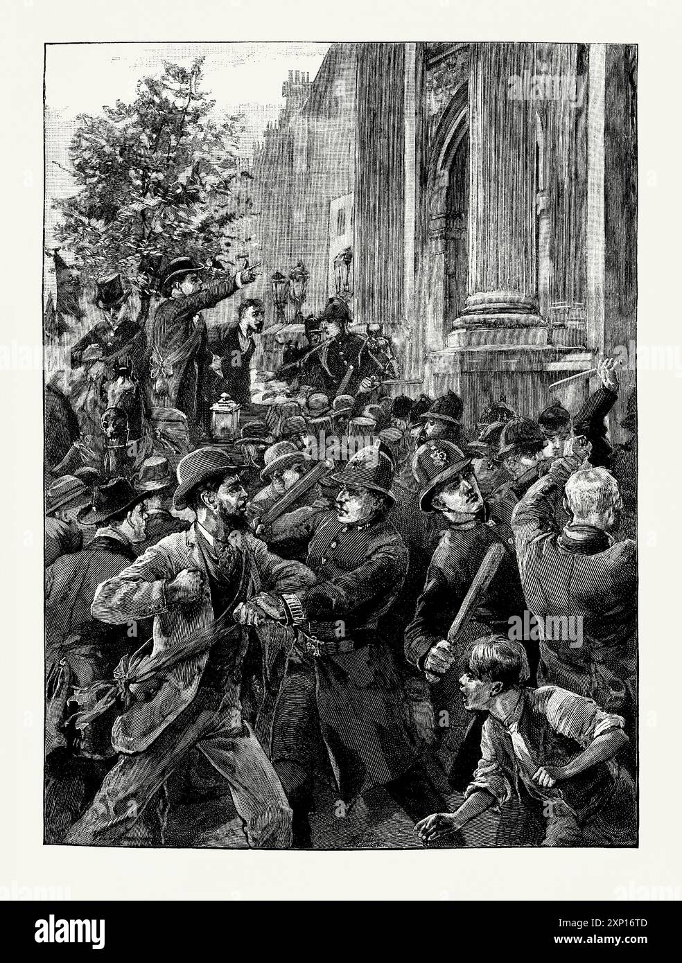 Une vieille gravure de Reform Leaguers à Marble Arch, Londres, Angleterre, Royaume-Uni après la manifestation de Hyde Park le 29 juin 1866. Il est tiré d'un livre d'histoire victorienne de c.1900. La Reform League créée en 1865 pour faire campagne pour le suffrage masculin et la réforme du vote. Les policiers ont formé une barrière, empêchant la foule d'entrer dans Hyde Park où ils prévoyaient d'organiser une marche de protestation. Banque D'Images