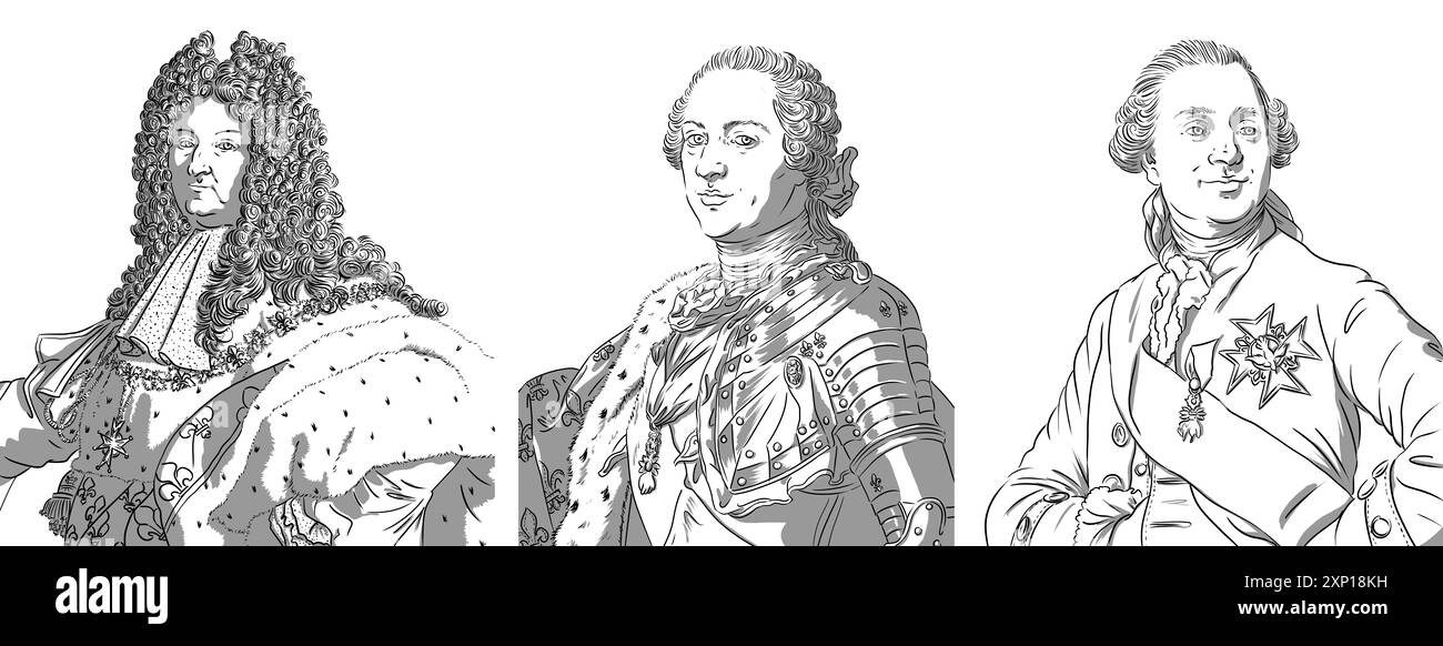 Portrait de Louis 14, Louis XIV, Louis 15, Louis XV et Louis 16, Louis XVI, rois de France Banque D'Images