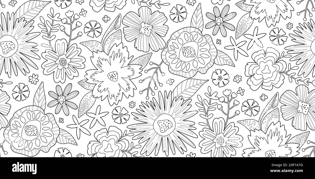 Demi-goutte Floral motif sans couture de fleurs et de feuilles dans le style Line Art, contour noir sur blanc. Idéal pour les pages de coloriage, conception de papier peint pour textiles, papiers, impressions, produits de beauté. Illustration de Vecteur