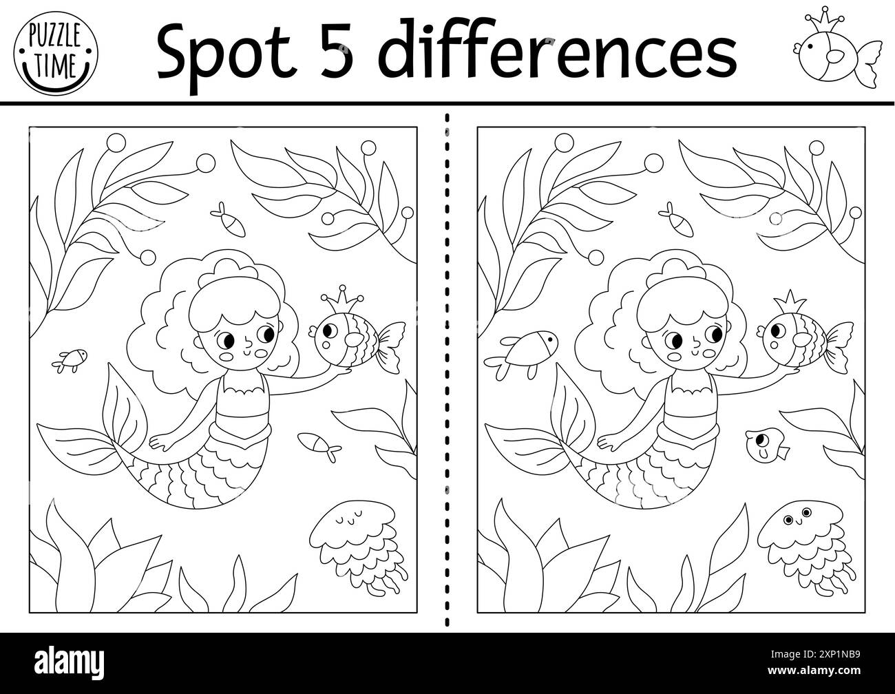 Trouver le jeu des différences pour les enfants. Sirène noir et blanc activité avec princesse de mer, paysage sous-marin, méduses. Puzzle pour enfants. Li. Imprimable Illustration de Vecteur