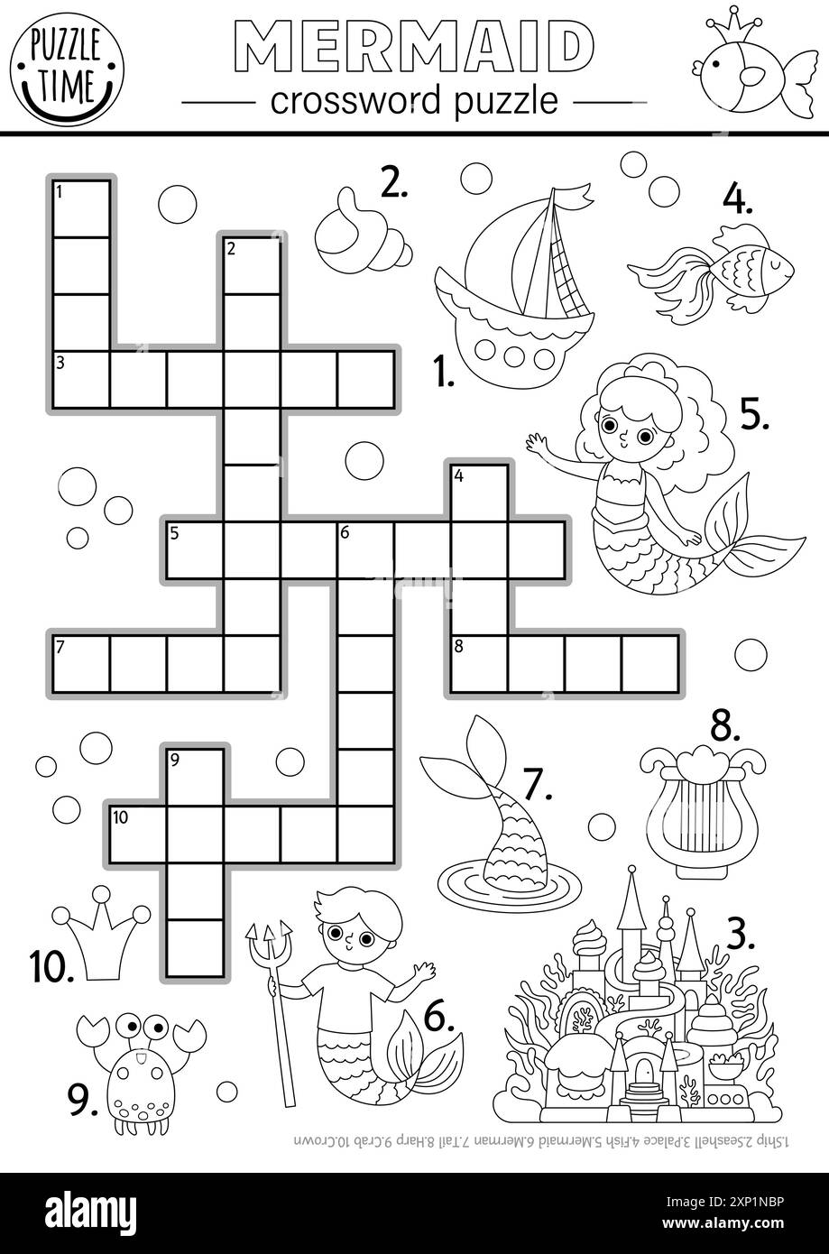 Puzzle de mots croisés noir et blanc sirène vectoriel pour les enfants. Quiz marin ou coloriage avec merman, bateau, palais, poisson, crabe. Educa de ligne de Royaume océanique Illustration de Vecteur