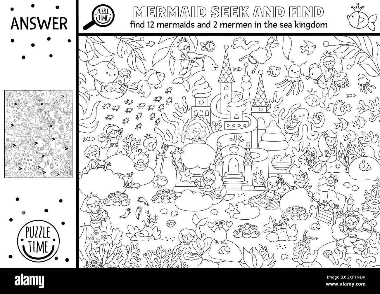 Vector sirène noir et blanc jeu de recherche avec paysage et palais de Royaume océanique de conte de fées. Coloriage princesse caché. Recherche de ligne marine Illustration de Vecteur
