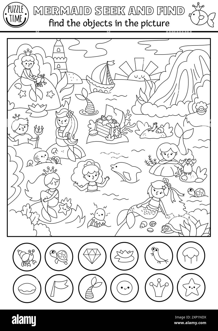 Mermaid vecteur noir et blanc jeu de recherche avec paysage de lagune de mer. Coloriage des objets cachés de repérage. Ocean Kingdom cherche et trouve des acti imprimables Illustration de Vecteur