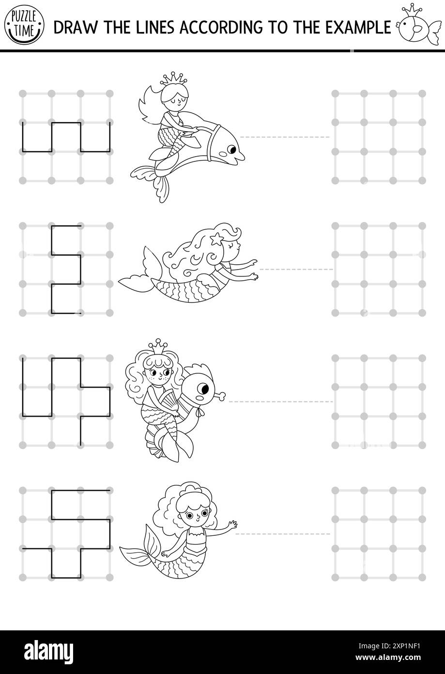 Sirène noir et blanc dessin, écriture, traçage, activité d'orientation de l'espace pour les enfants avec princesse de la mer. Dessinez les lignes dans la page de coloration de boîte carrée. Illustration de Vecteur