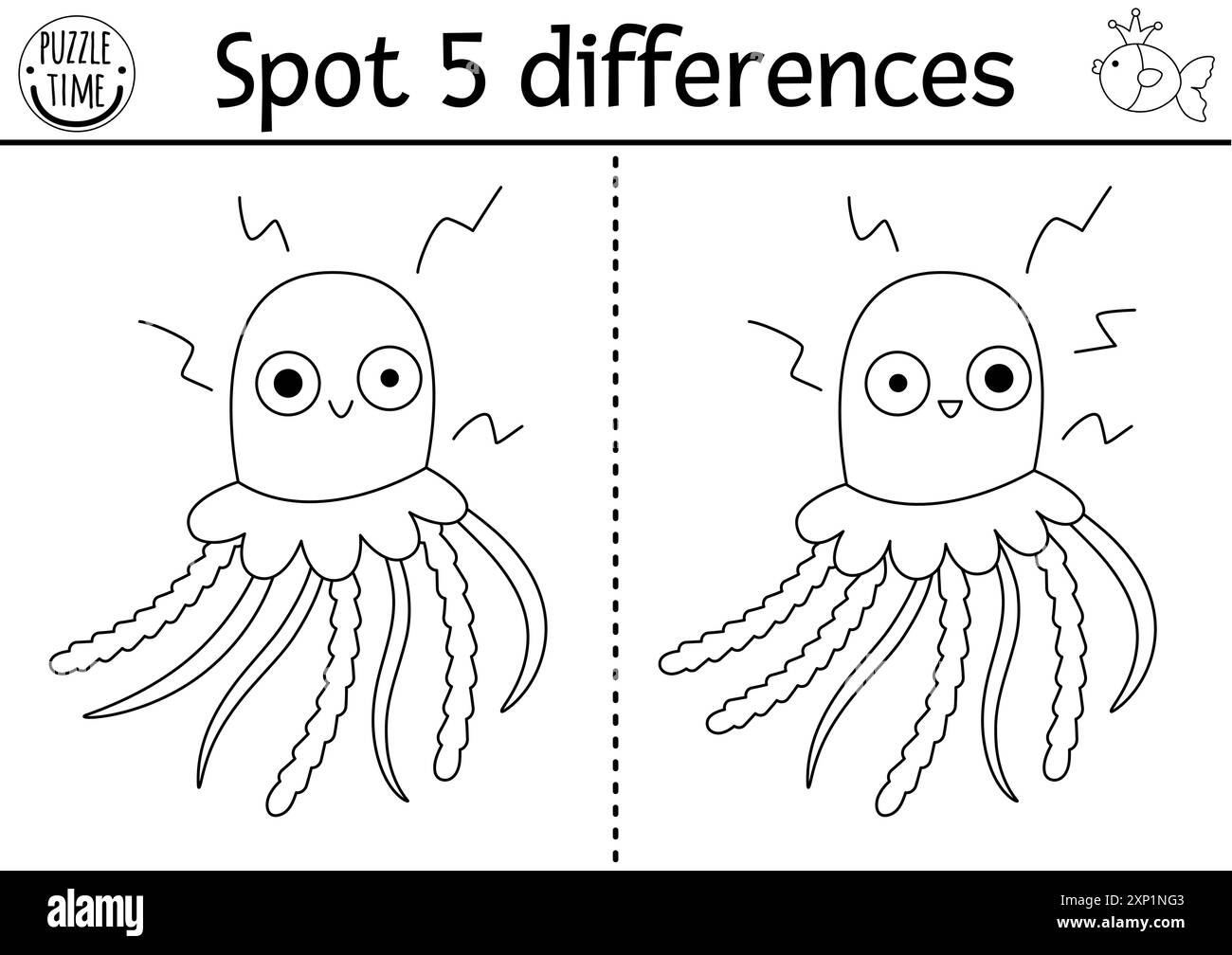 Trouver le jeu des différences pour les enfants. Sirène noir et blanc activité éducative avec méduses. Puzzle mignon pour les enfants avec animal drôle. lin imprimable Illustration de Vecteur