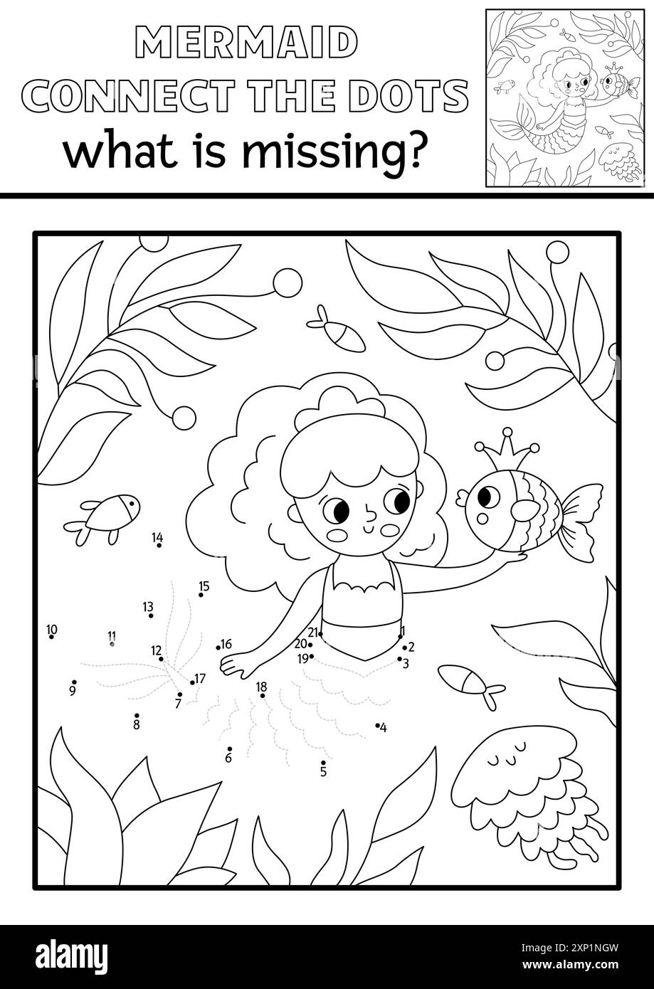 Sirène vectorielle noir et blanc point à point activité avec princesse de mer, scène sous-marine. Ocean Kingdom connecter le jeu de points, coloriage. Marine WHA Illustration de Vecteur