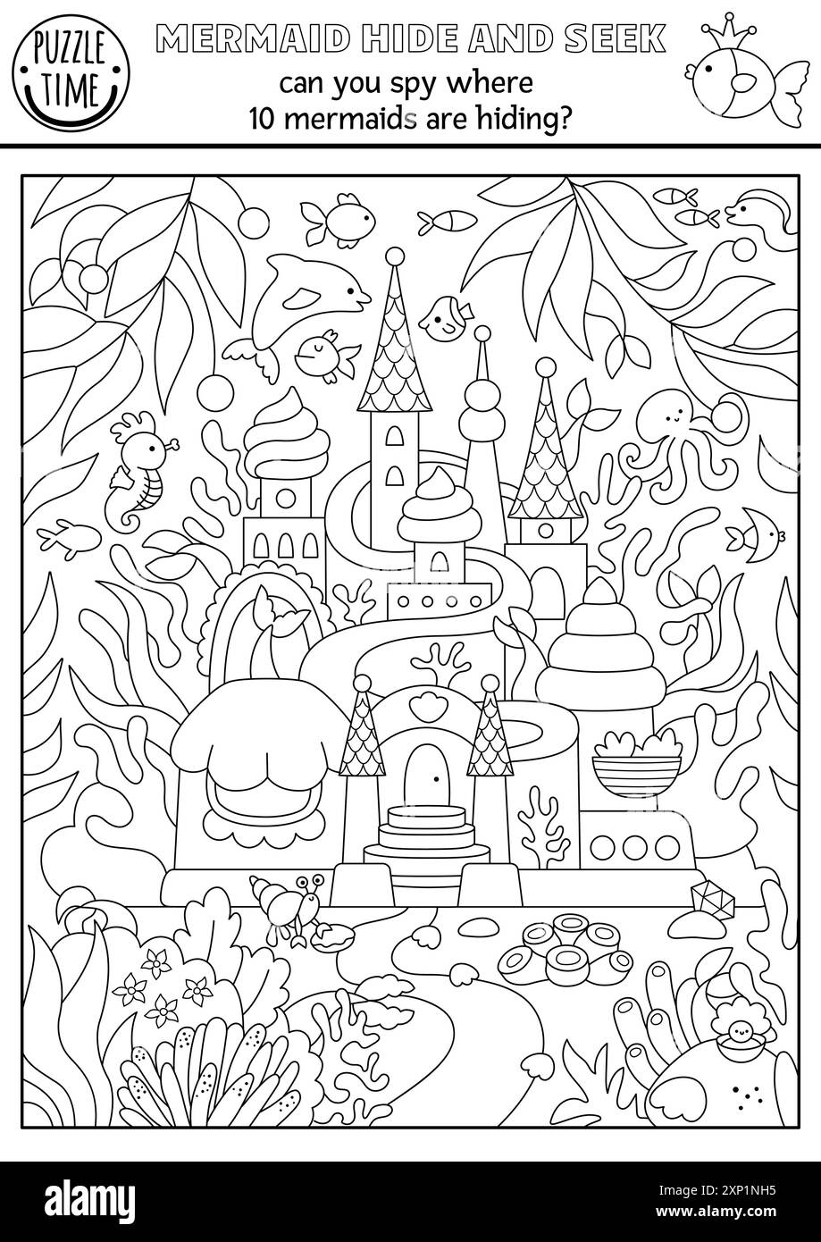 Vector sirène noir et blanc jeu de recherche avec paysage de Royaume de l'océan, palais. Repérez la page de coloriage cachée des queues de princesse. Ligne marine SEEK et fin Illustration de Vecteur